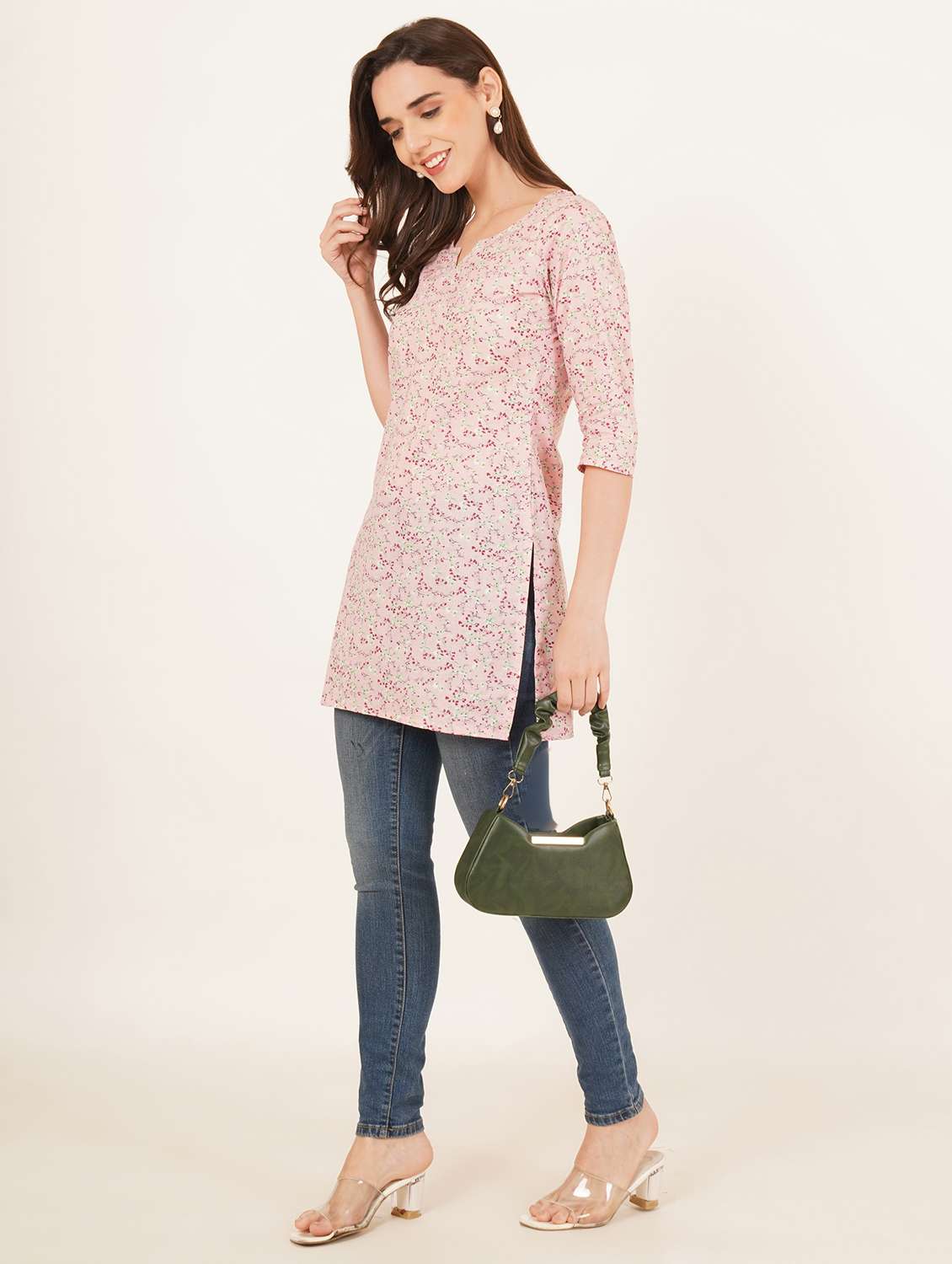 women floral printed three quarter sleeve straight kurti - 22084133 - Standard Image - 6