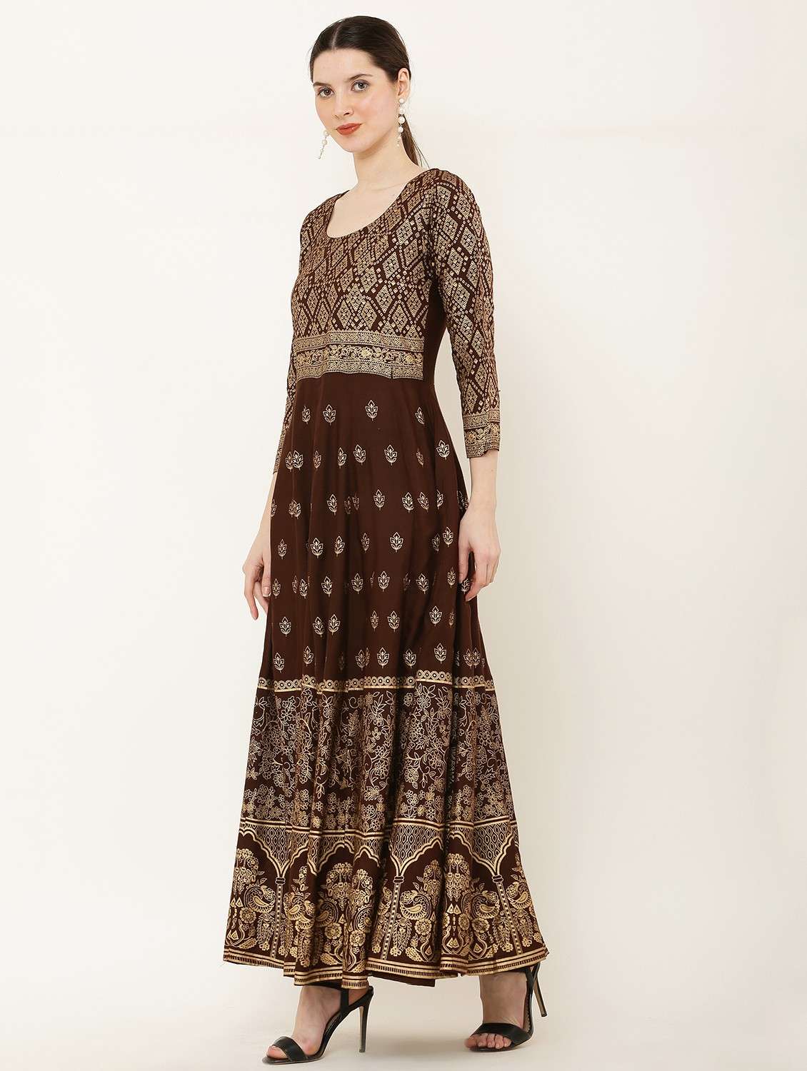 women printed three quarter sleeve flared dress - 22084135 - Standard Image - 1