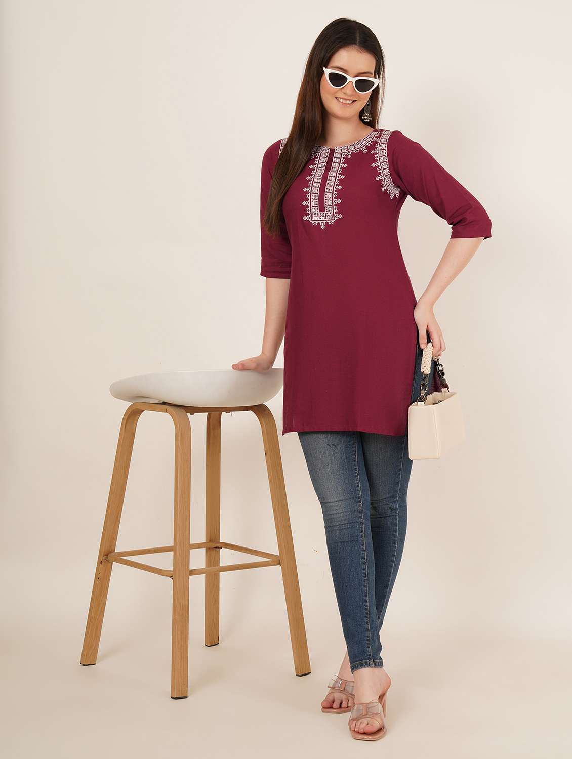 women embroidered three quarter sleeve straight kurti - 22084138 - Standard Image - 4