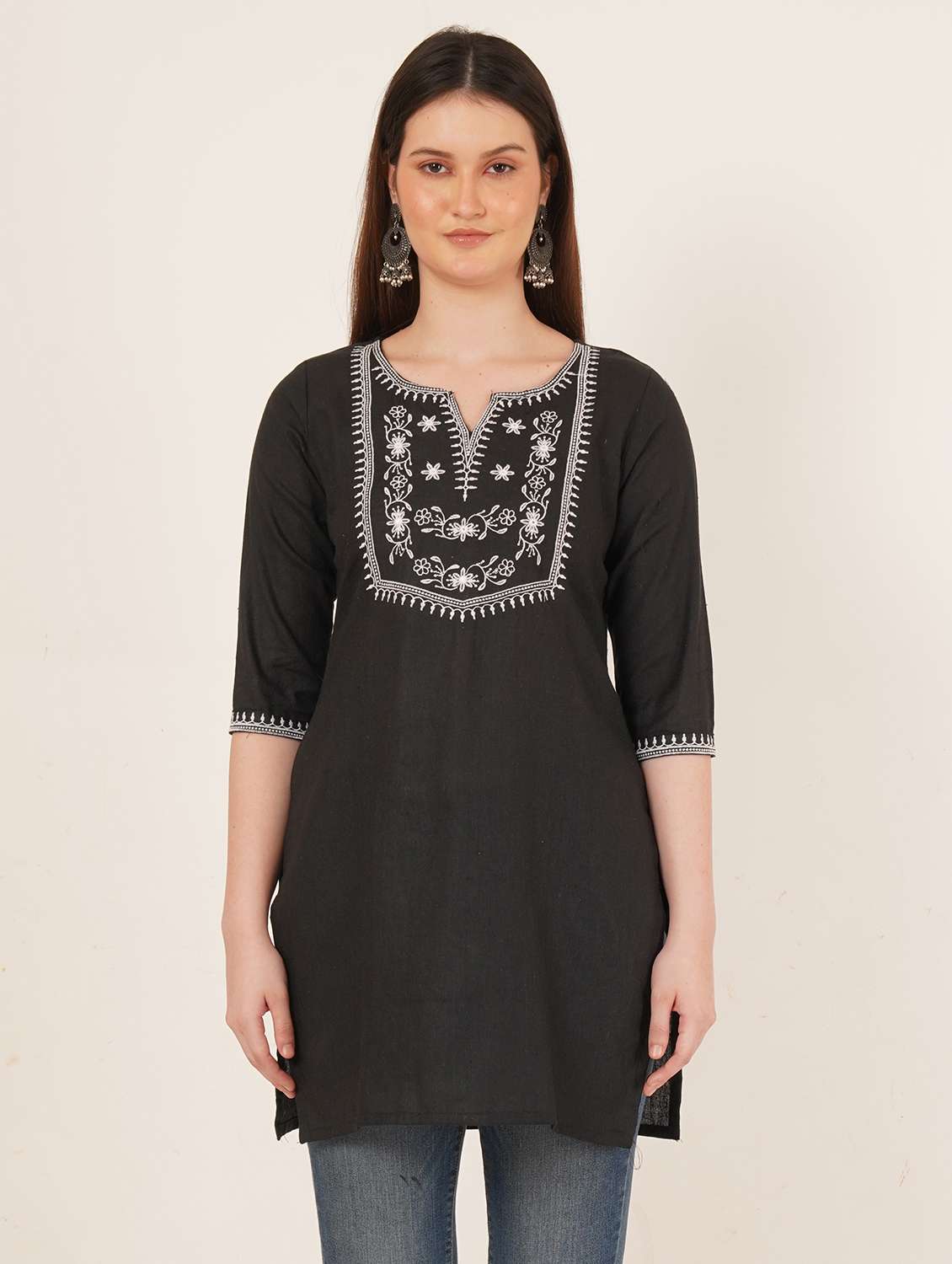 women embroidered three quarter sleeve straight kurti