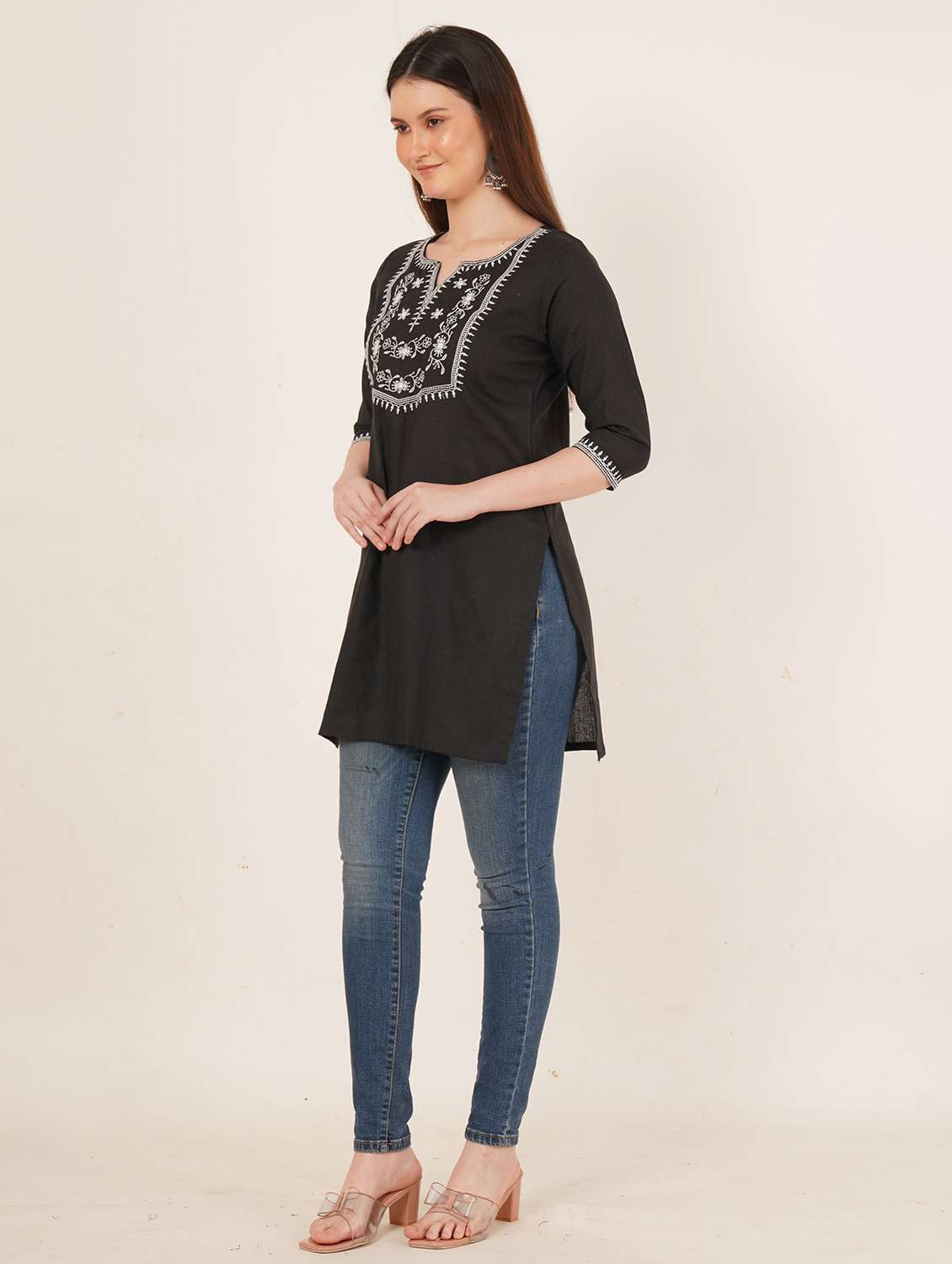 women embroidered three quarter sleeve straight kurti - 22084140 - Standard Image - 6