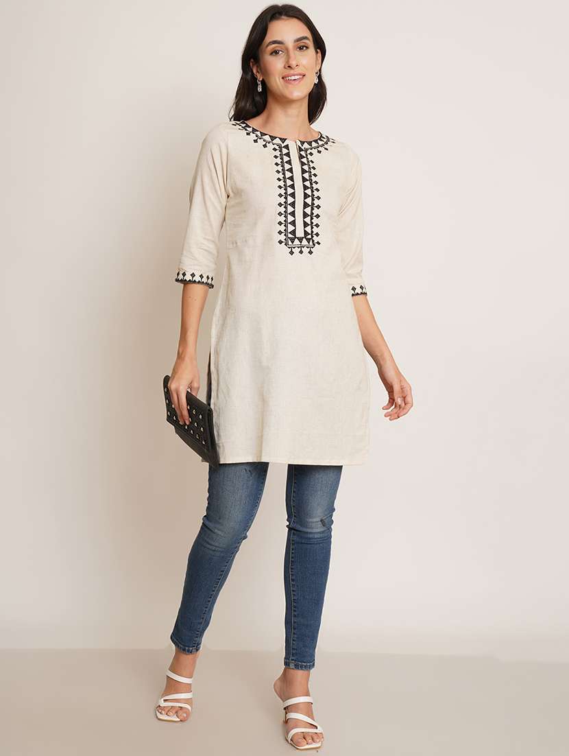 women embroidered three quarter sleeve straight kurti