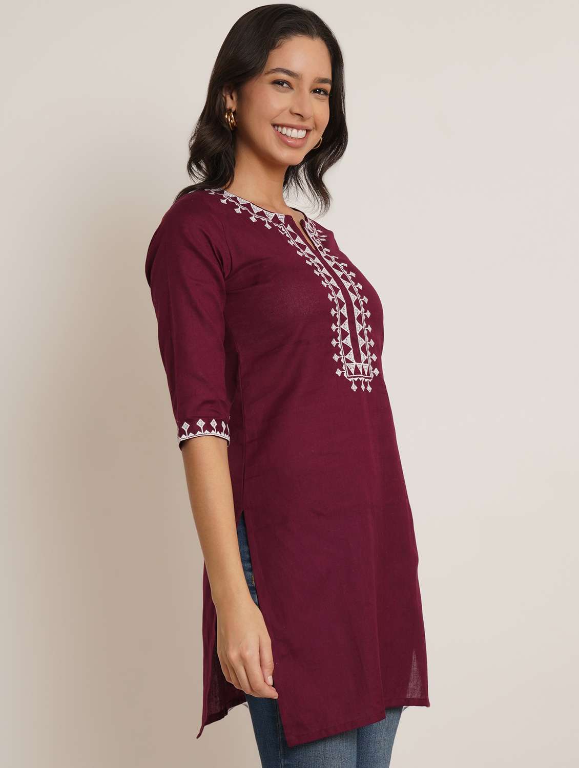 women embroidered three quarter sleeve straight kurti - 22084144 -  Standard Image - 1