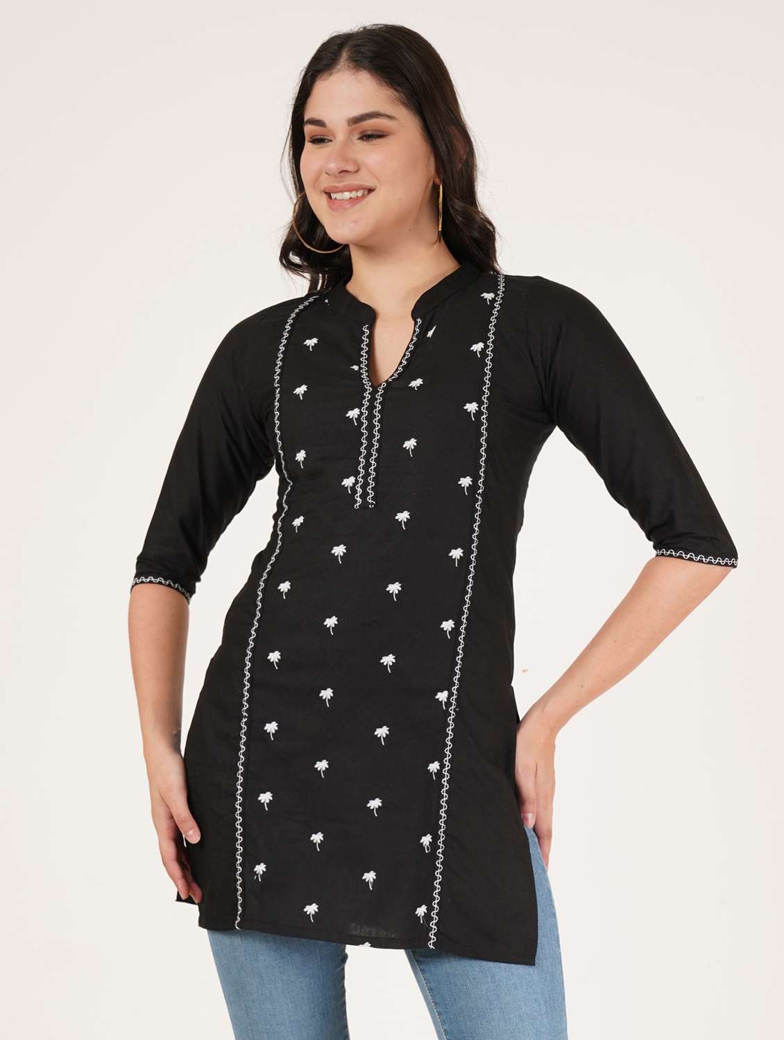 women embroidered three quarter sleeve straight kurti