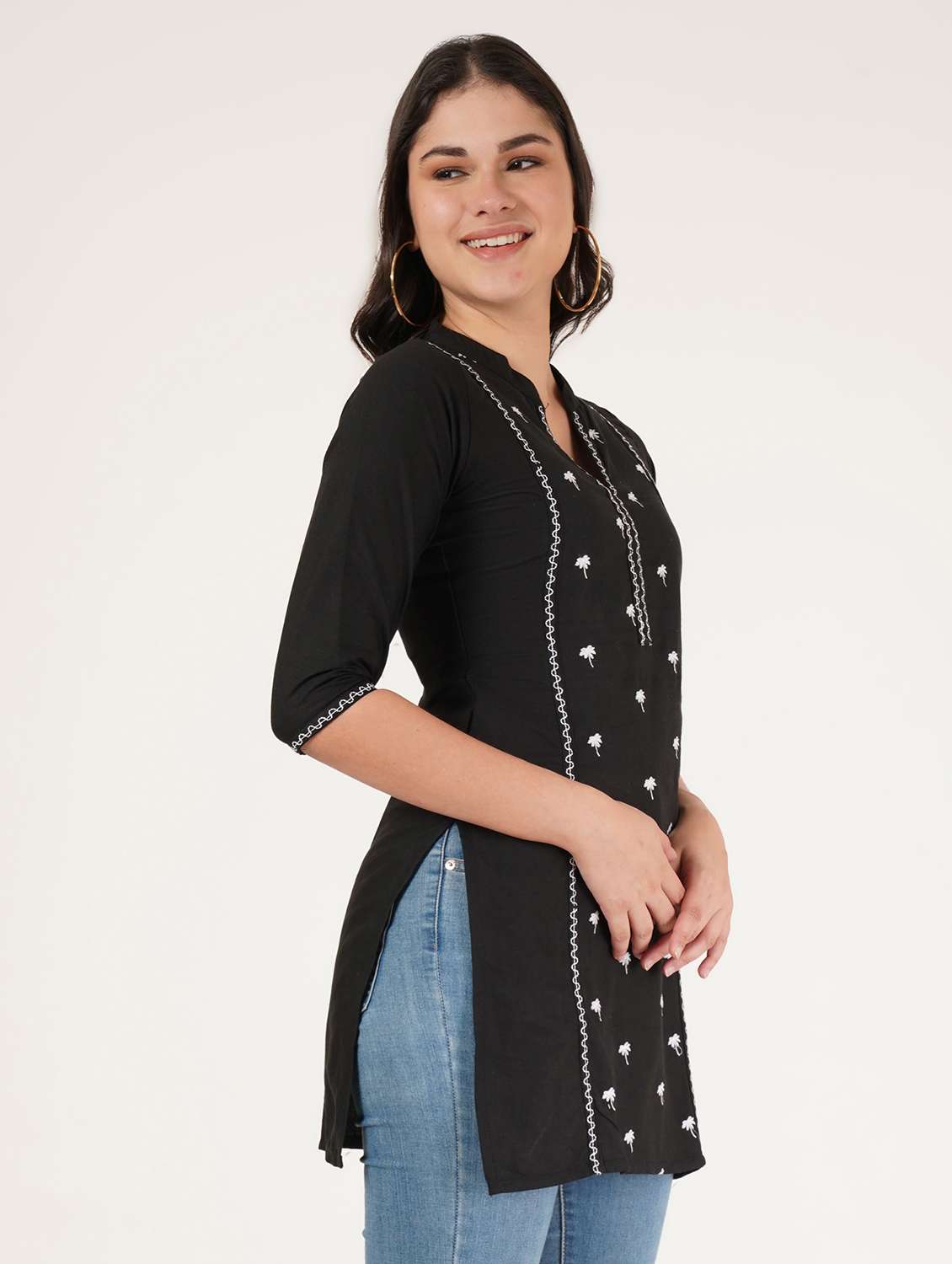 women embroidered three quarter sleeve straight kurti - 22084146 -  Standard Image - 1