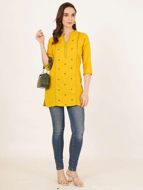 women embroidered three quarter sleeve straight kurti - 22084147 - Standard Image - 0