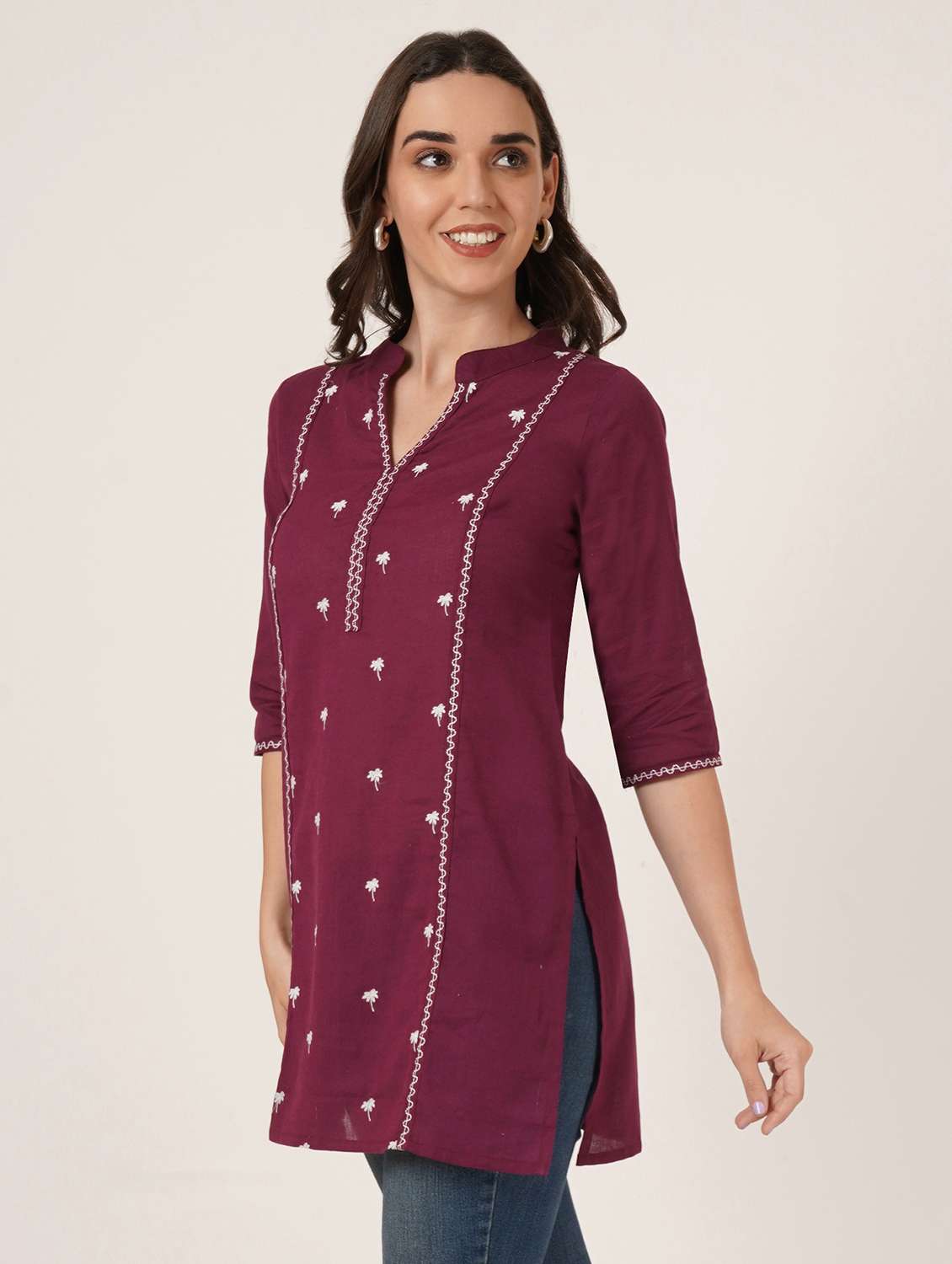women embroidered three quarter sleeve straight kurti - 22084148 -  Standard Image - 1