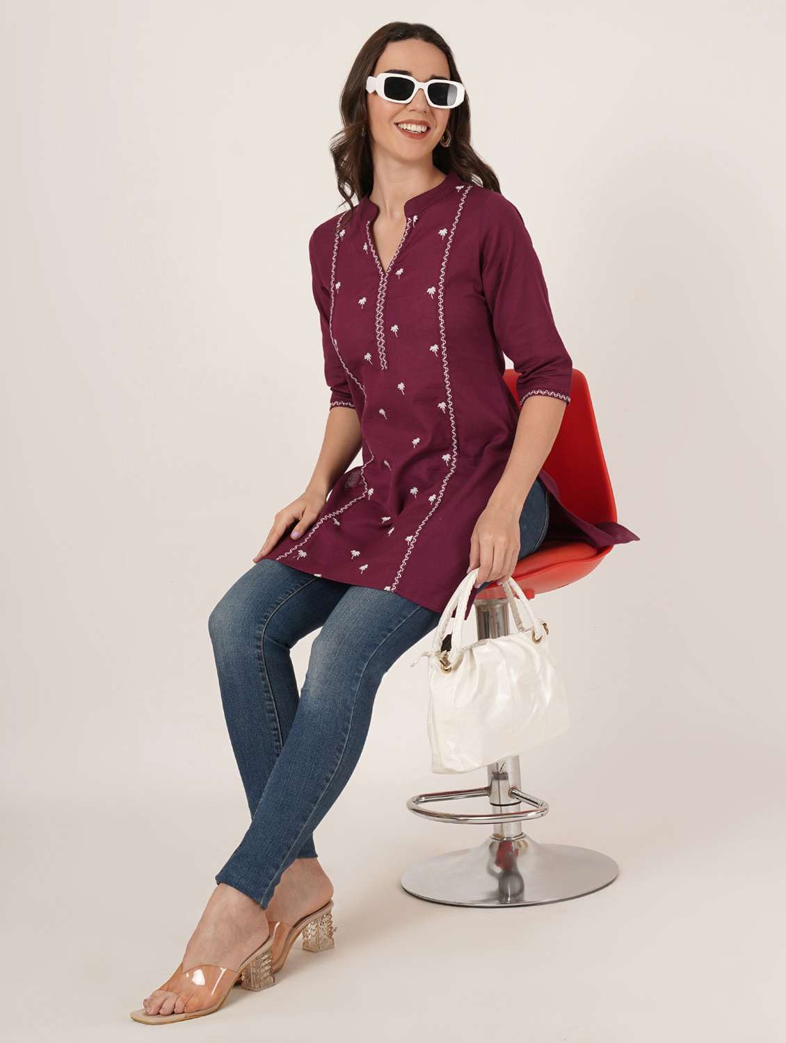 women embroidered three quarter sleeve straight kurti - 22084148 -  Standard Image - 6