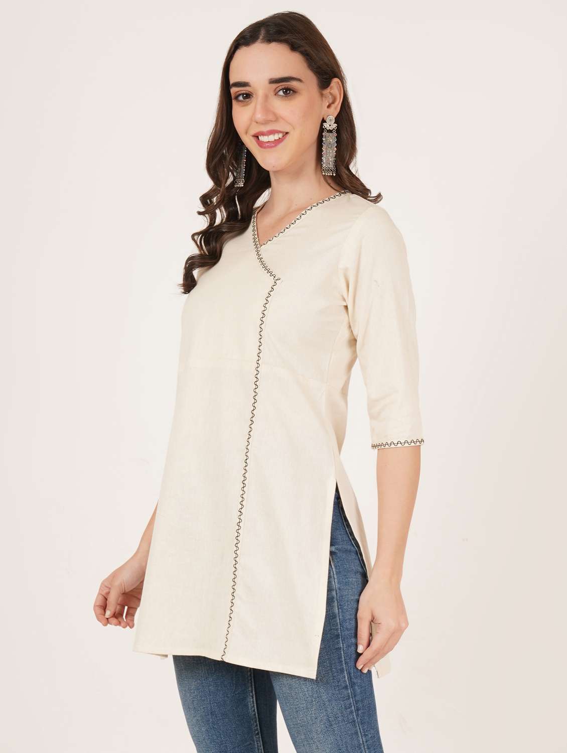 women embroidered three quarter sleeve straight kurti - 22084150 -  Standard Image - 1