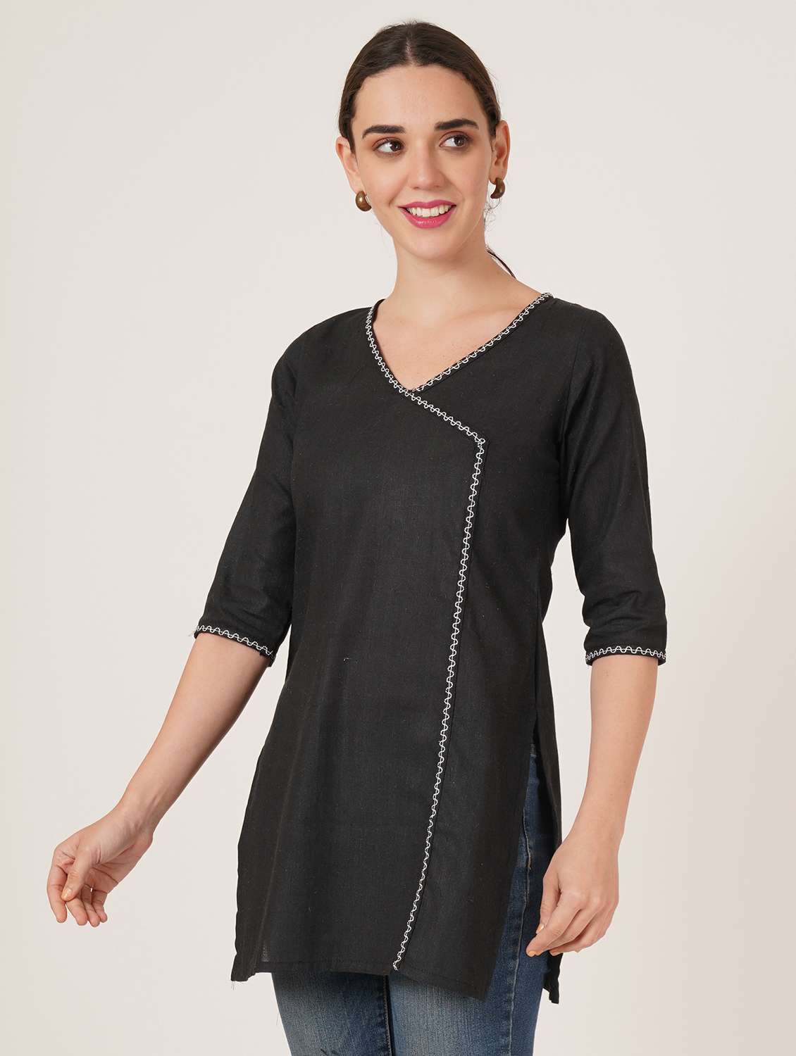 women embroidered three quarter sleeve straight kurti - 22084151 -  Standard Image - 1