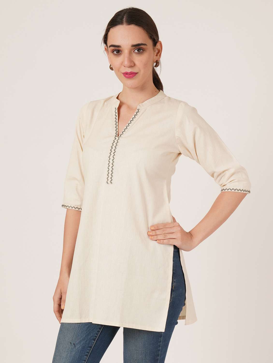 women embroidered three quarter sleeve straight kurti - 22084156 -  Standard Image - 1