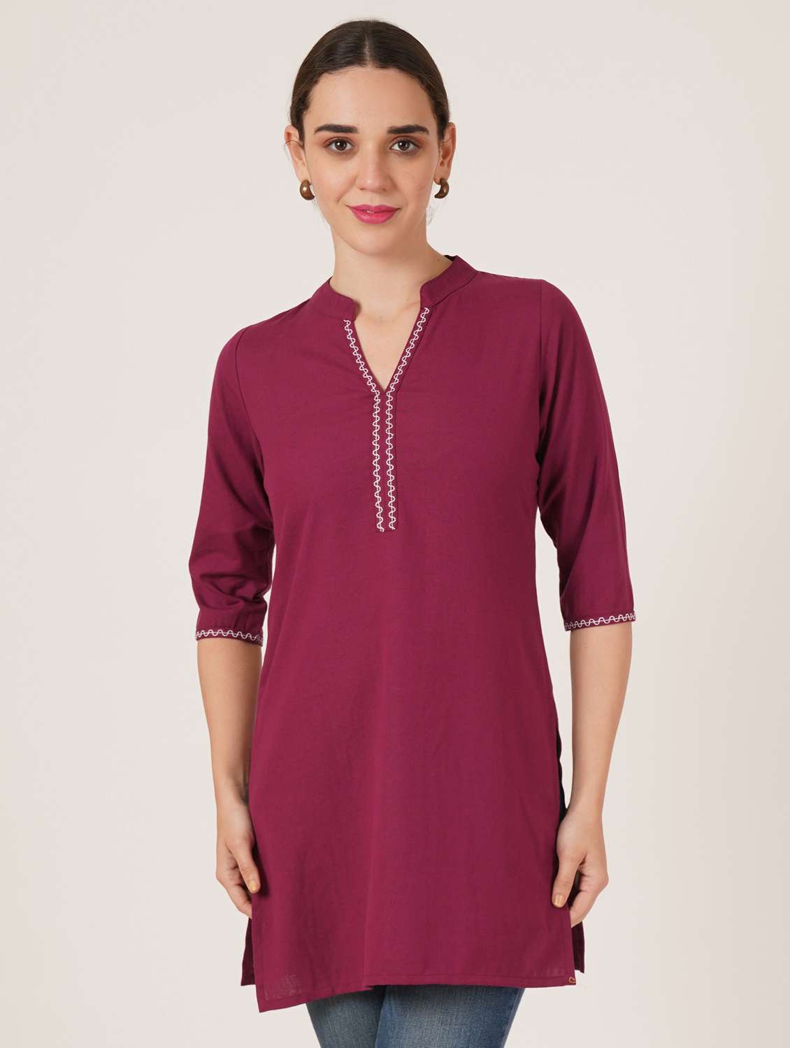 women embroidered three quarter sleeve straight kurti - 22084158 -  Standard Image - 1