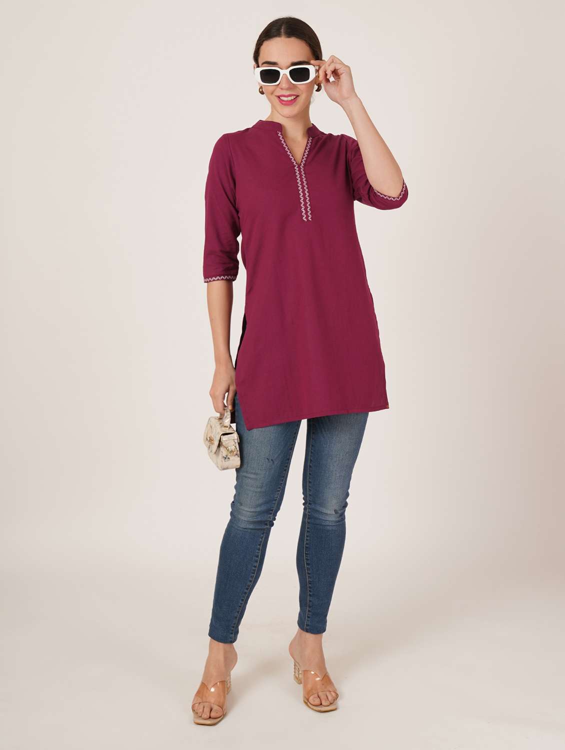 women embroidered three quarter sleeve straight kurti - 22084158 -  Standard Image - 6