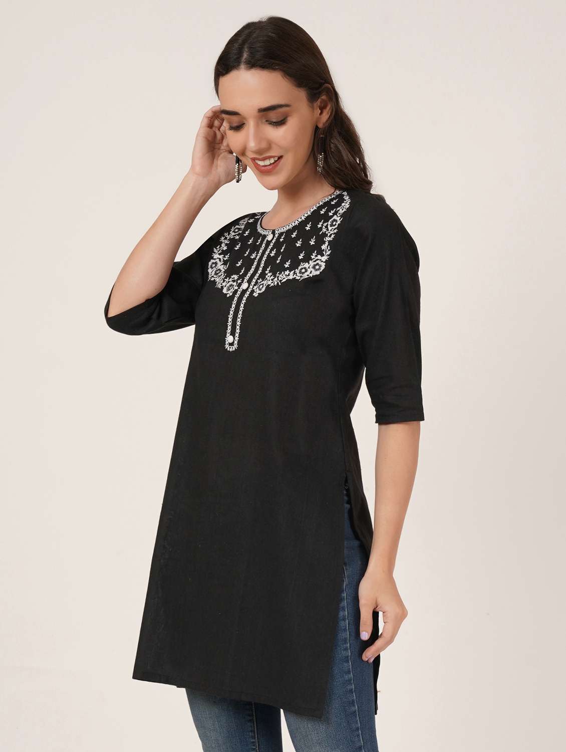 women embroidered three quarter sleeve straight kurti