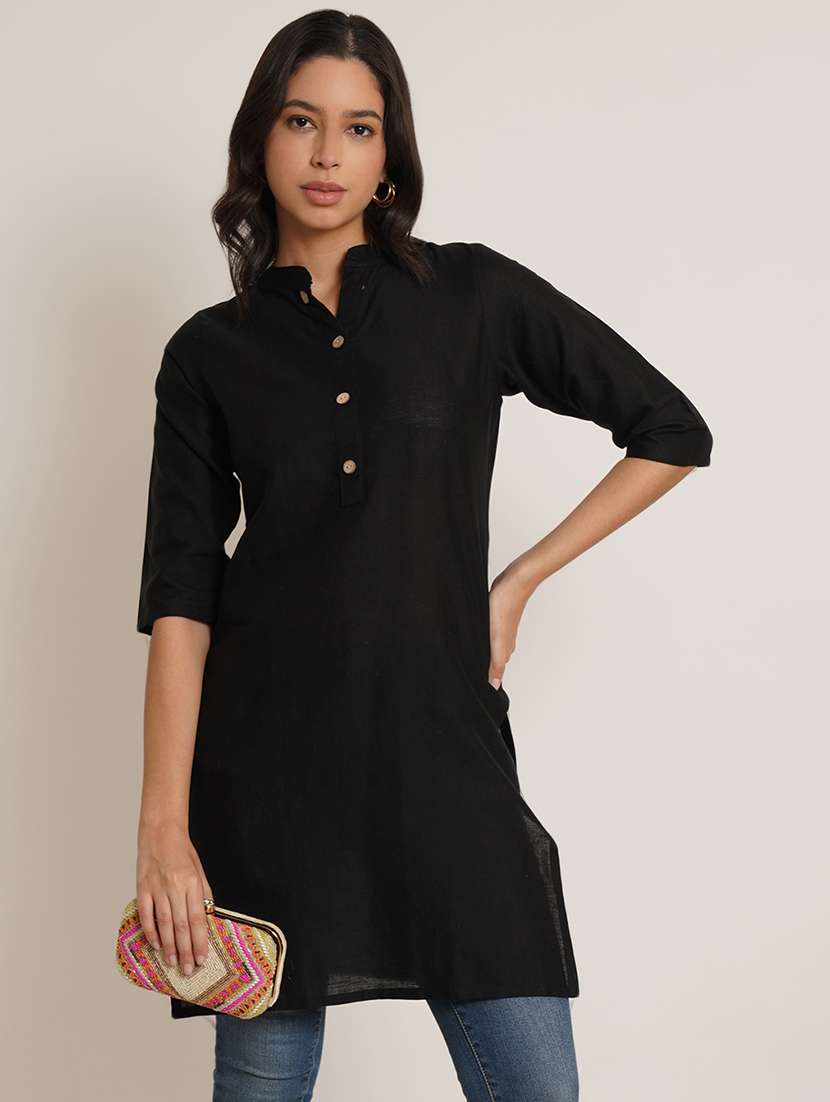 women solid three quarter sleeve straight kurti