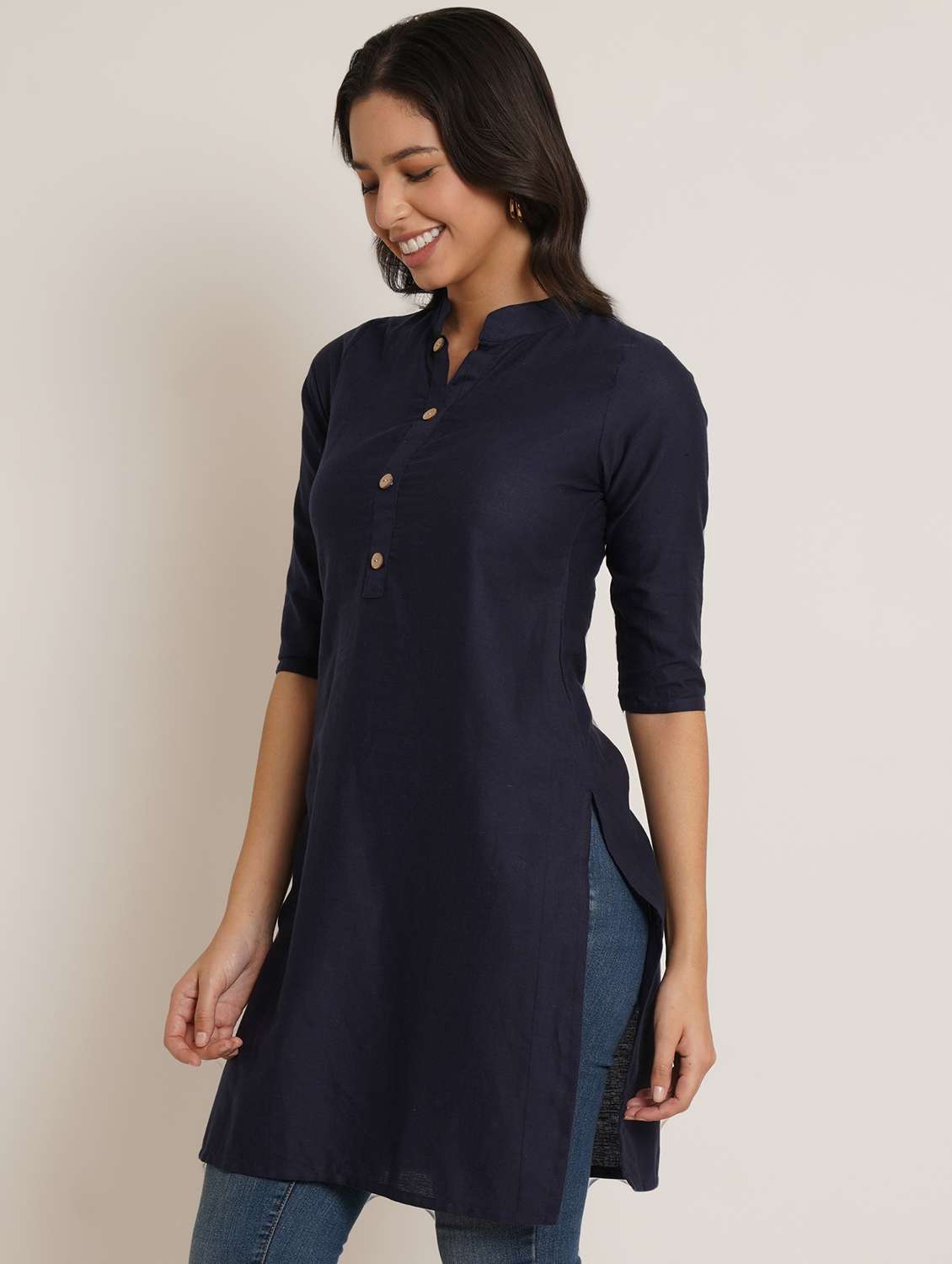 women solid three quarter sleeve straight kurti - 22084162 - Standard Image - 1