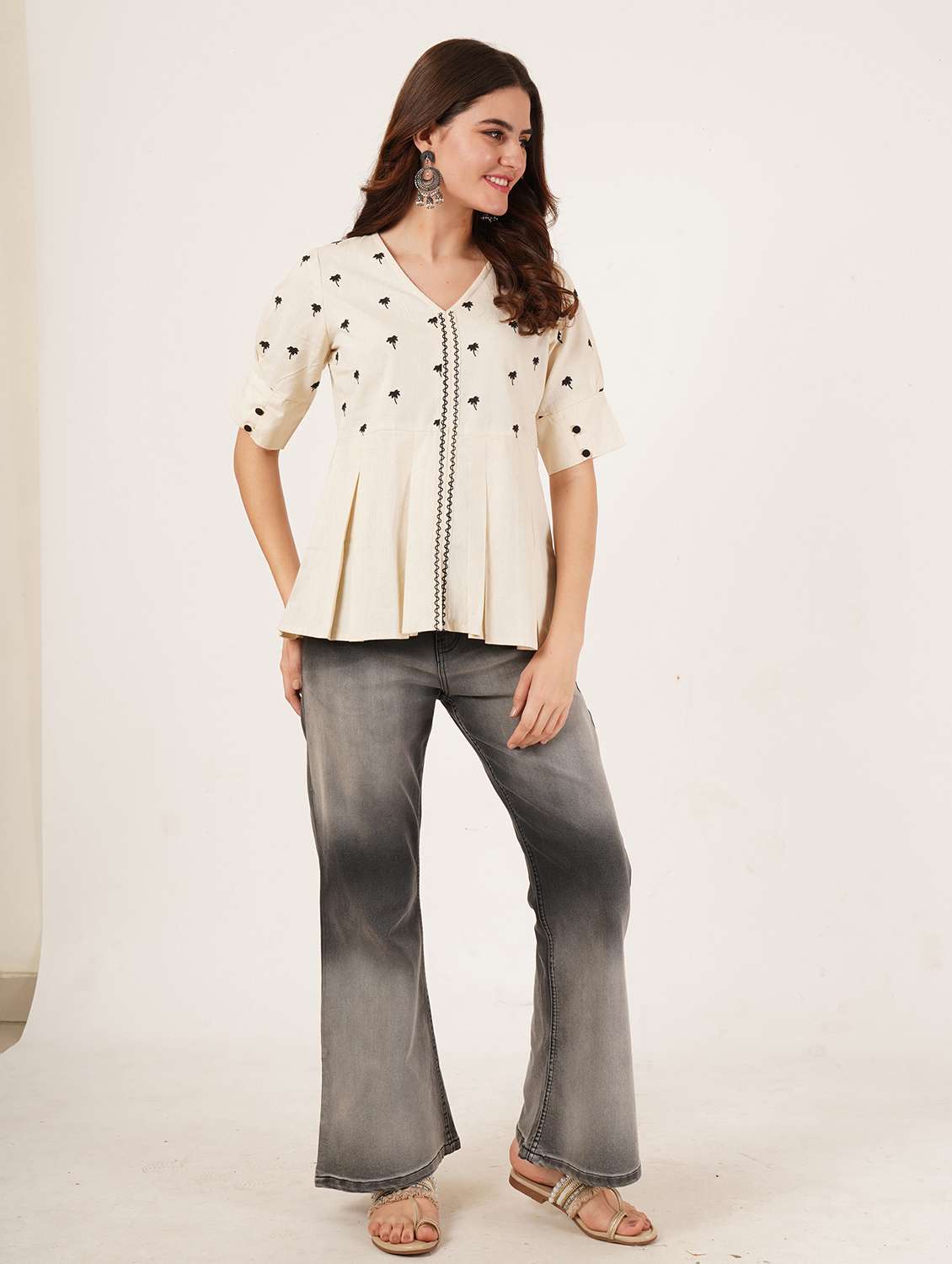 women solid with work short sleeve ethnic top - 22084163 - Standard Image - 4