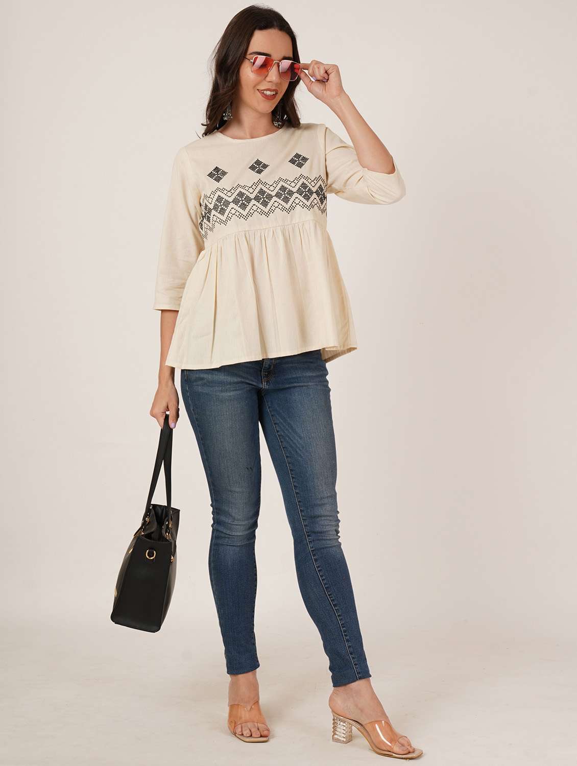 women solid with work round neck ethnic top - 22084167 -  Standard Image - 4