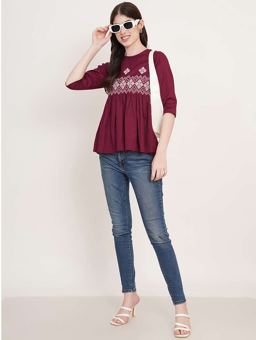 women solid with work round neck ethnic top - 22084168 -  Standard Image - 4