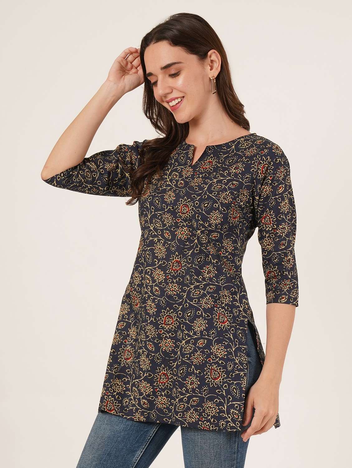 women printed three quarter sleeve straight kurti - 22084169 -  Standard Image - 1