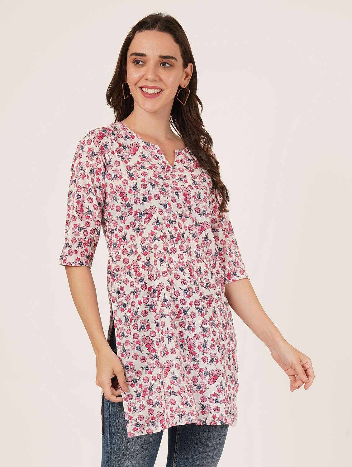 women printed three quarter sleeve straight kurti - 22084174 -  Standard Image - 1