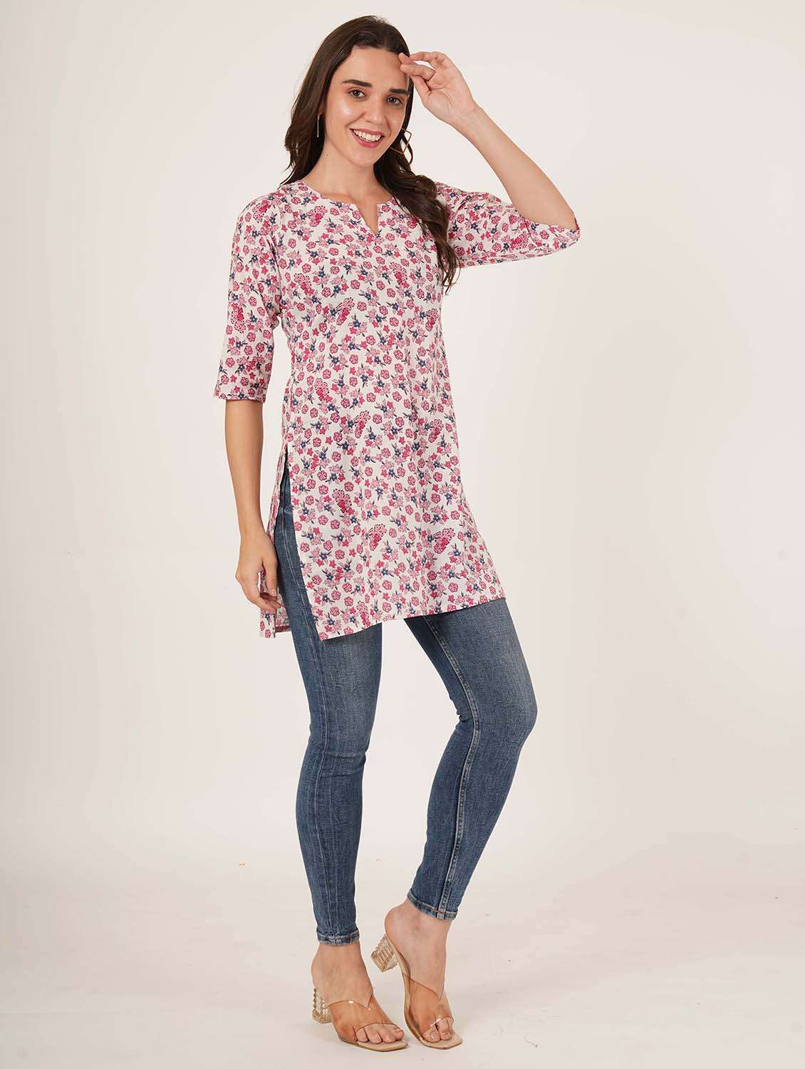 women printed three quarter sleeve straight kurti - 22084174 -  Standard Image - 4