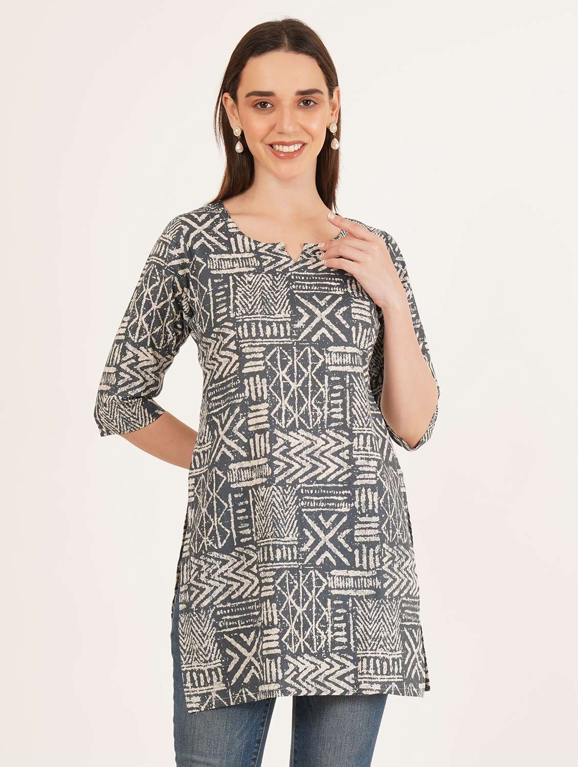 women printed three quarter sleeve straight kurti