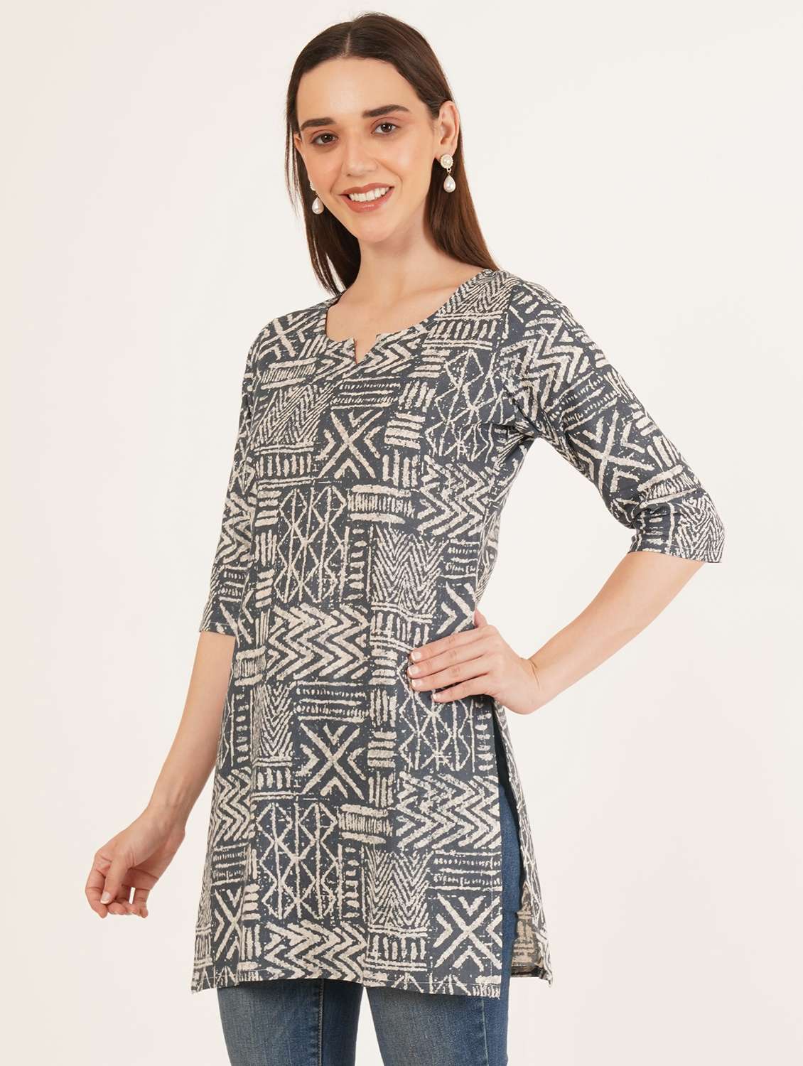 women printed three quarter sleeve straight kurti - 22084176 -  Standard Image - 1