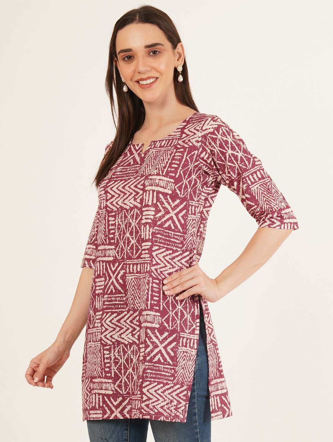 women printed three quarter sleeve straight kurti - 22084177 -  Standard Image - 1