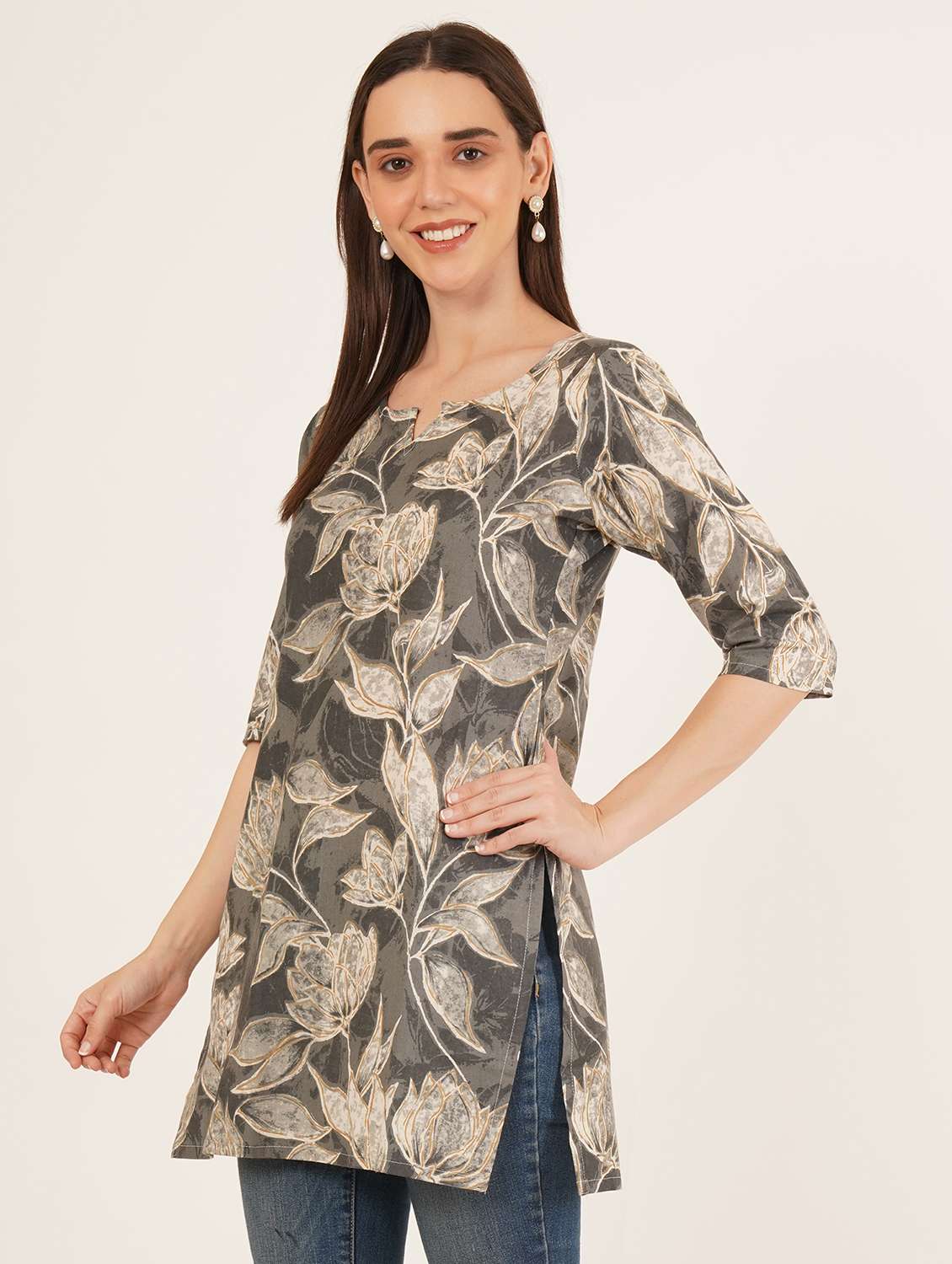 women printed three quarter sleeve straight kurti - 22084180 -  Standard Image - 1