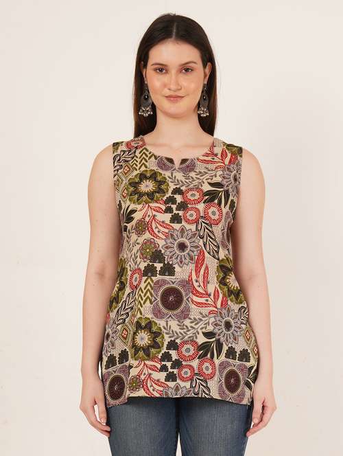 Women Printed Sleeveless Straight Kurti