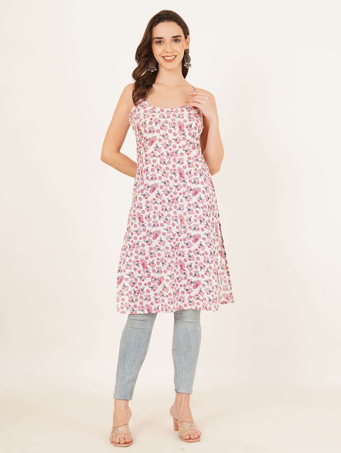 women floral printed sleeveless straight kurta