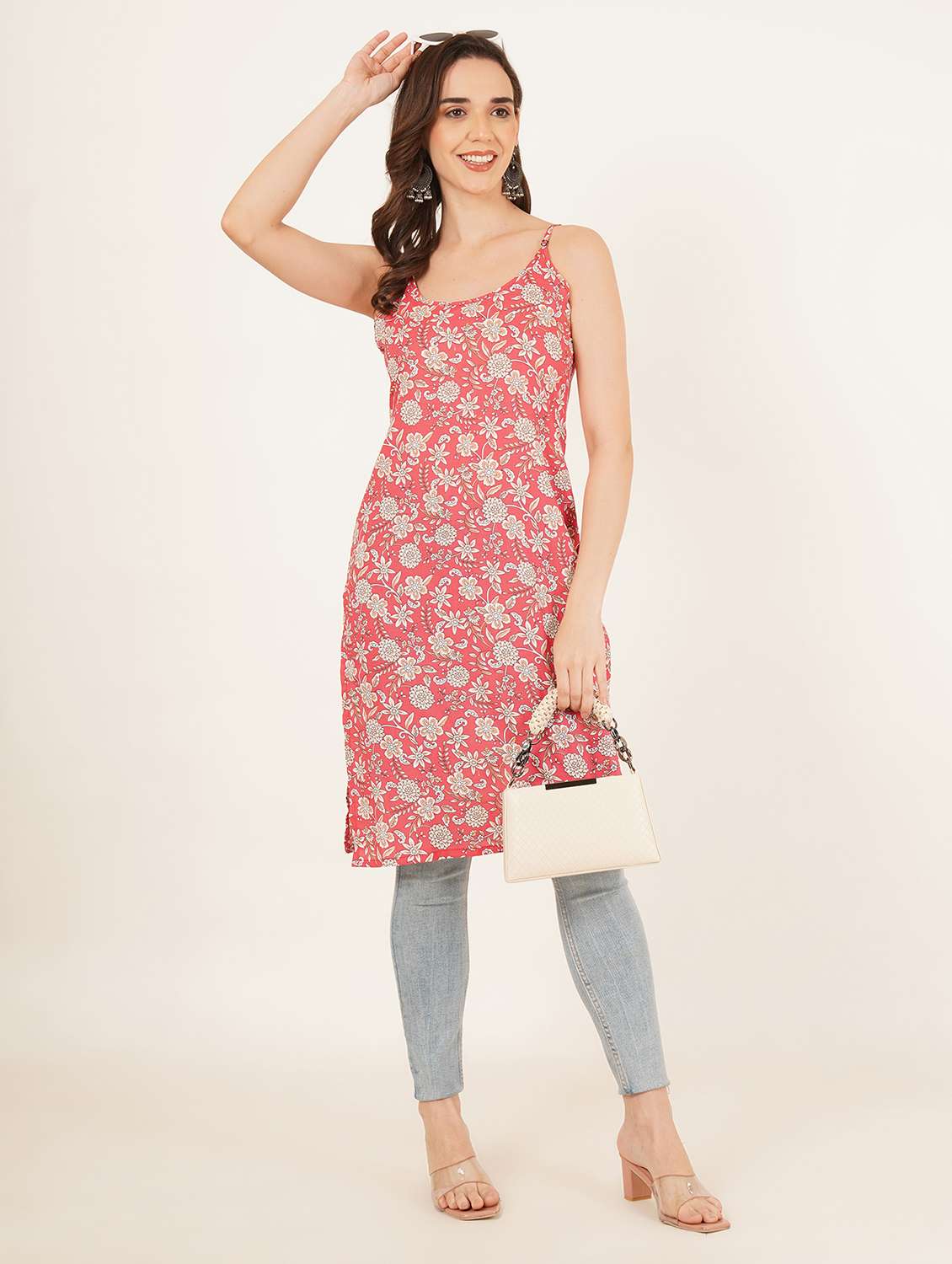 women floral printed sleeveless straight kurta