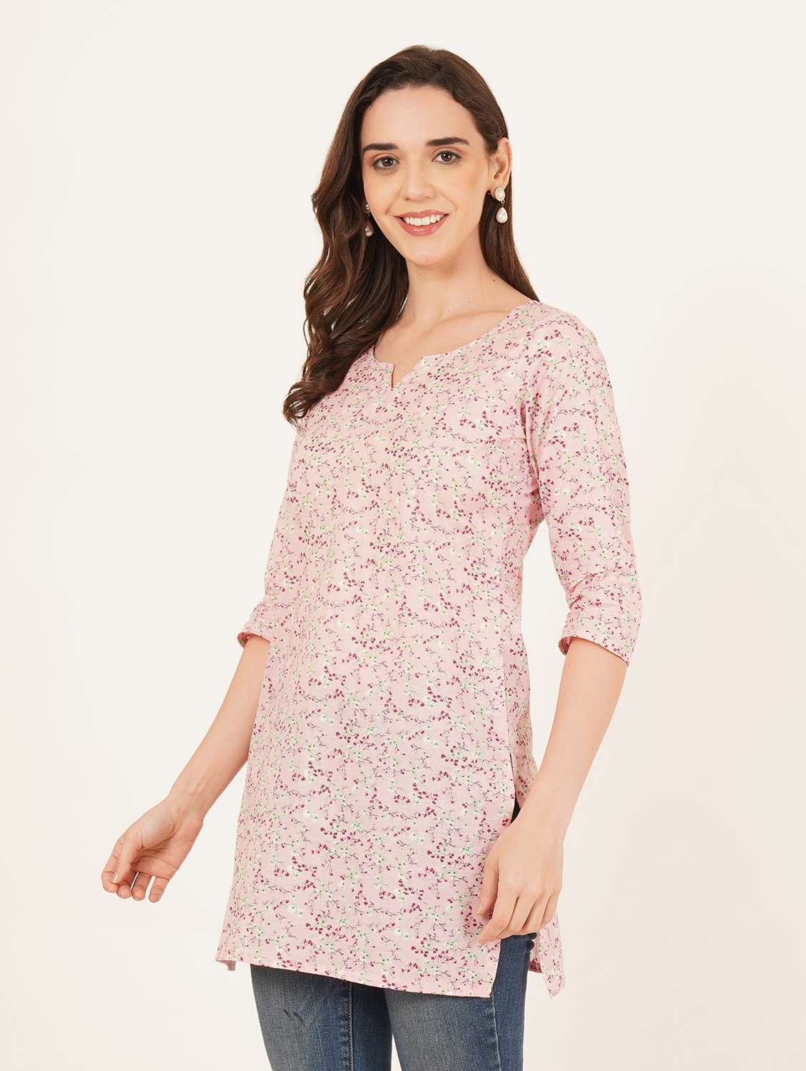 women floral printed three quarter sleeve straight kurti - 22084210 - Standard Image - 1