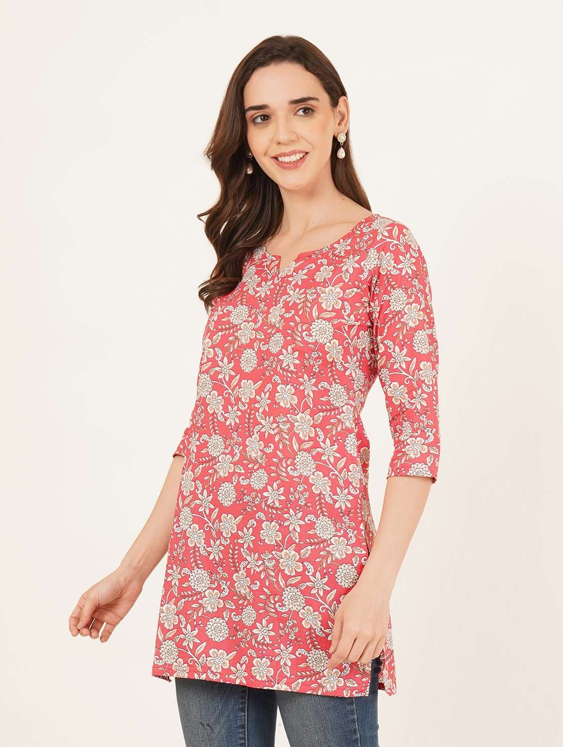 women floral printed three quarter sleeve straight kurti - 22084211 -  Standard Image - 1