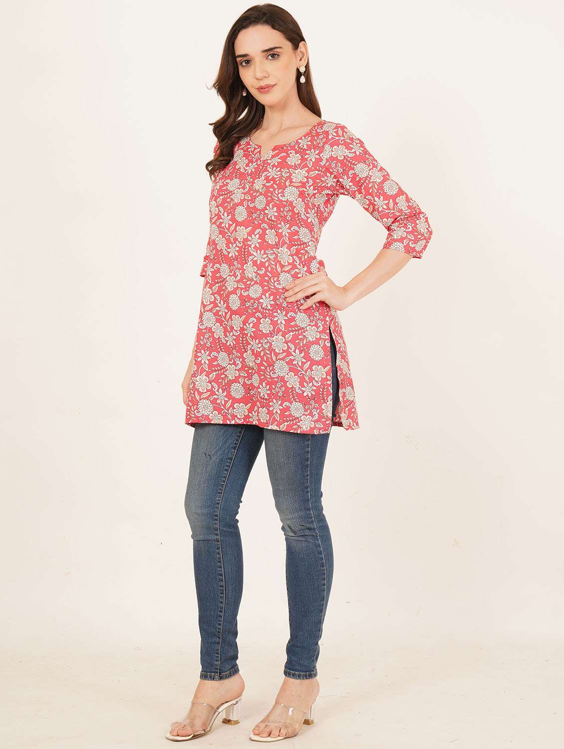 women floral printed three quarter sleeve straight kurti - 22084211 -  Standard Image - 6