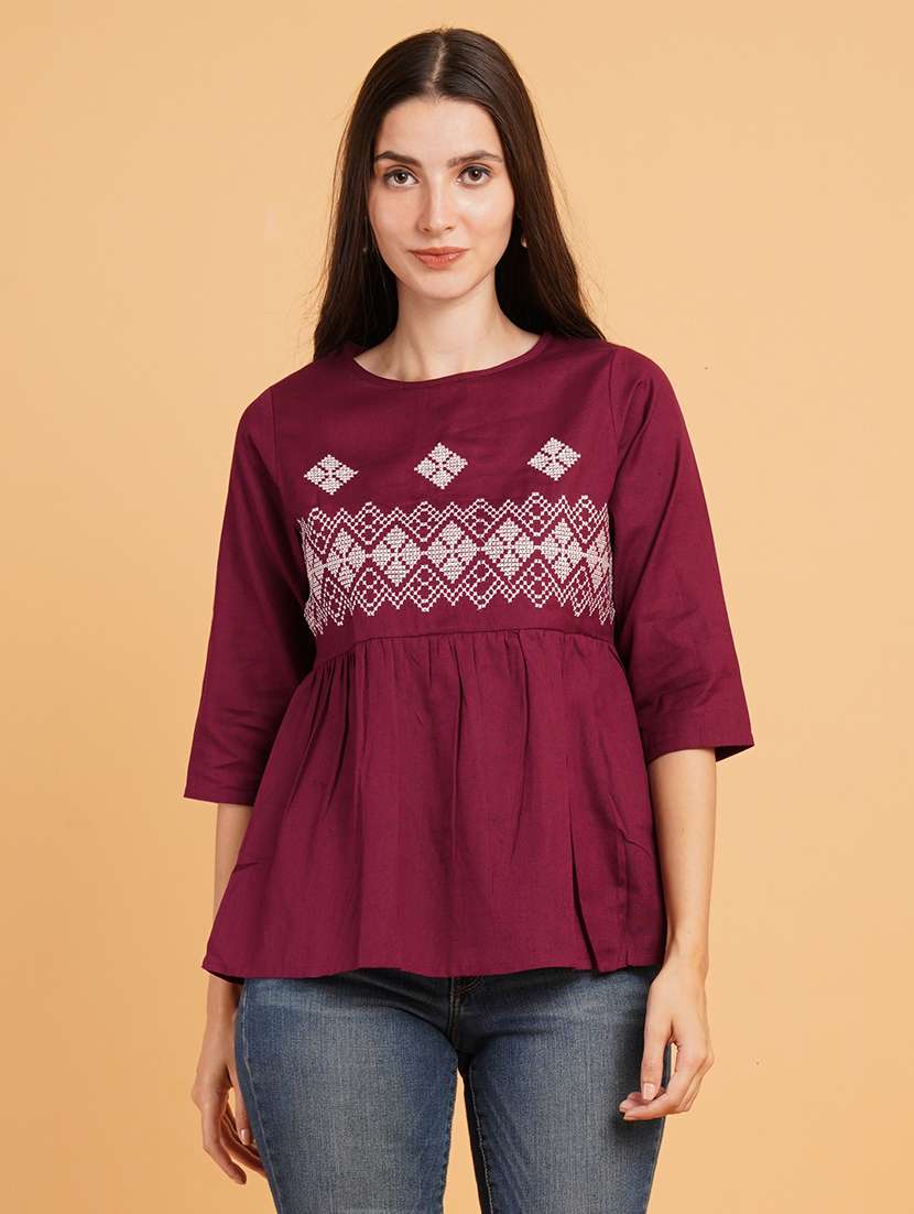 women embroidered three quarter sleeve a-line kurti