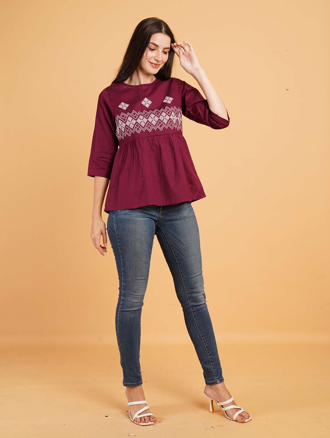 women embroidered three quarter sleeve a-line kurti - 22084218 - Standard Image - 6