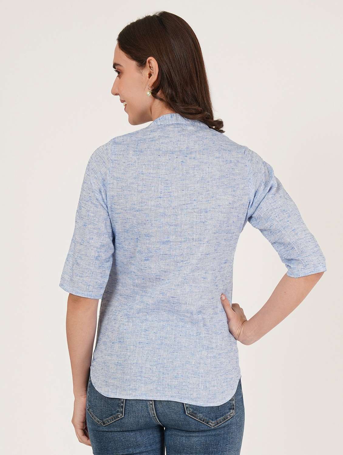women solid mandarin neck three quarter sleeve top - 22084228 - Standard Image - 1