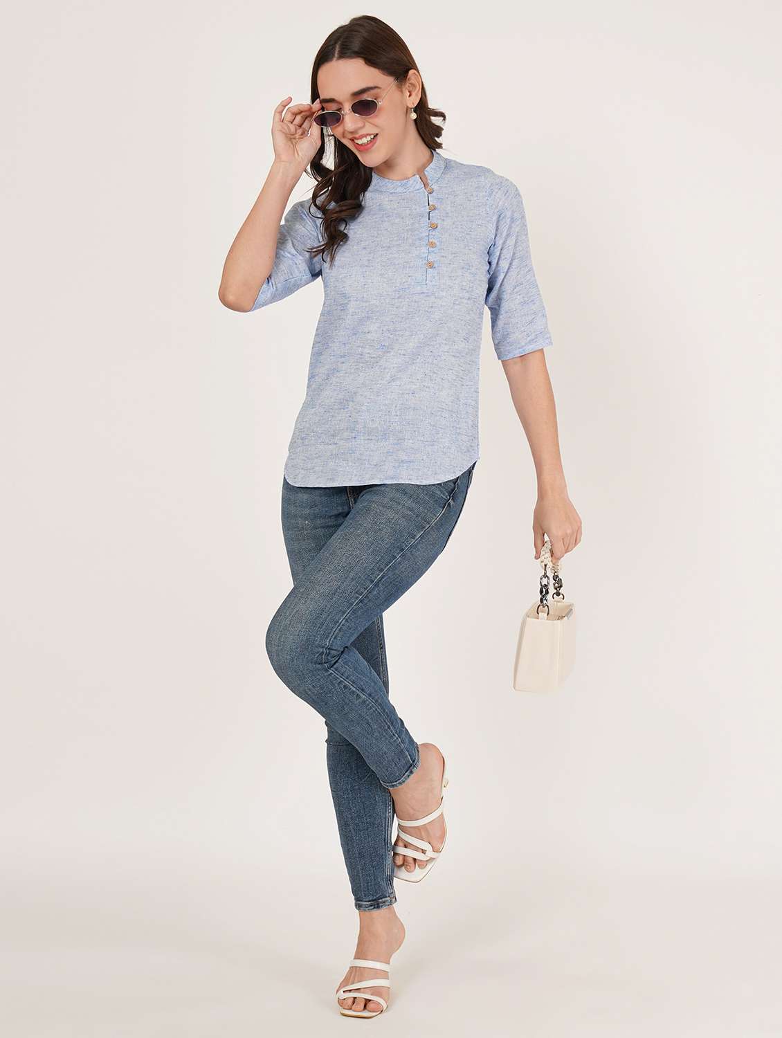 women solid mandarin neck three quarter sleeve top - 22084228 - Standard Image - 4
