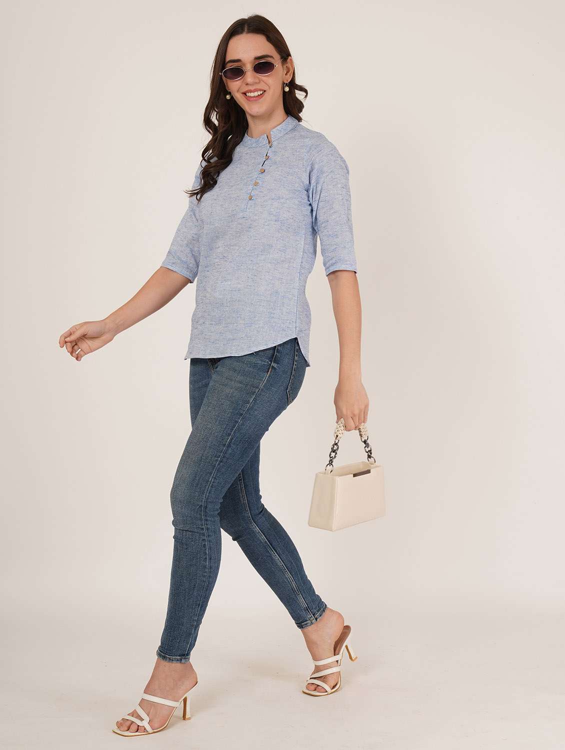 women solid mandarin neck three quarter sleeve top - 22084228 - Standard Image - 6