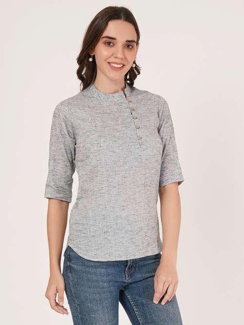 women solid mandarin neck three quarter sleeve top - 22084229 -  Standard Image - 0