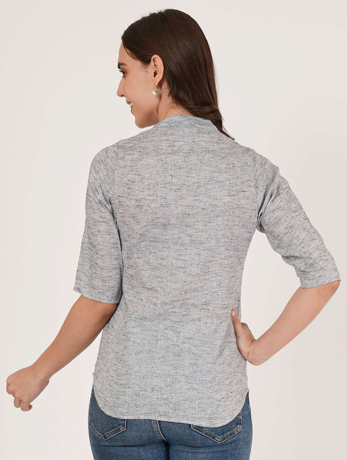 women solid mandarin neck three quarter sleeve top - 22084229 - Standard Image - 1