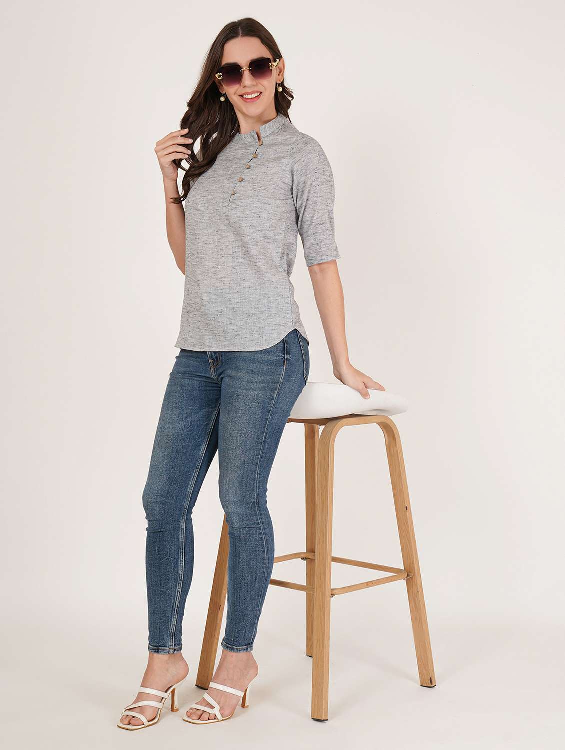 women solid mandarin neck three quarter sleeve top - 22084229 - Standard Image - 4