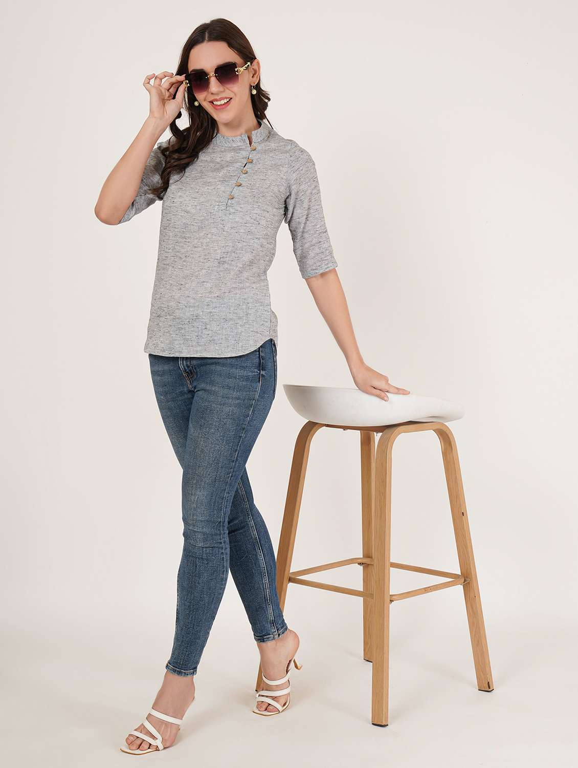 women solid mandarin neck three quarter sleeve top - 22084229 - Standard Image - 6