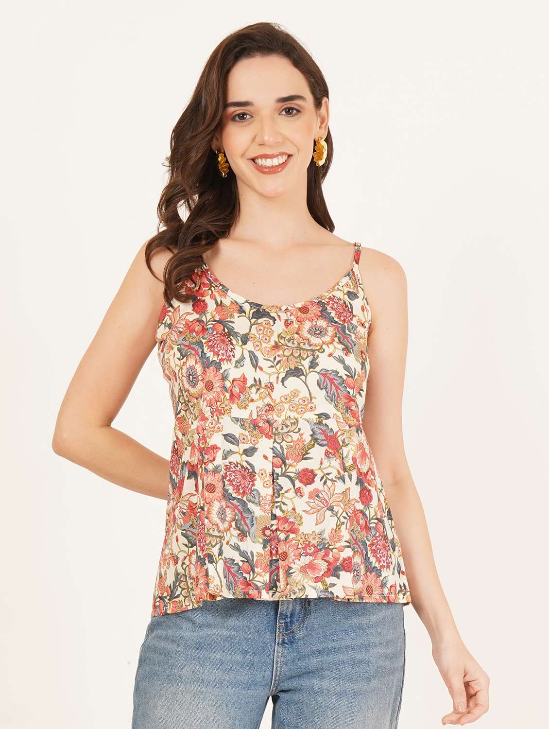 women printed shoulder strap a-line top