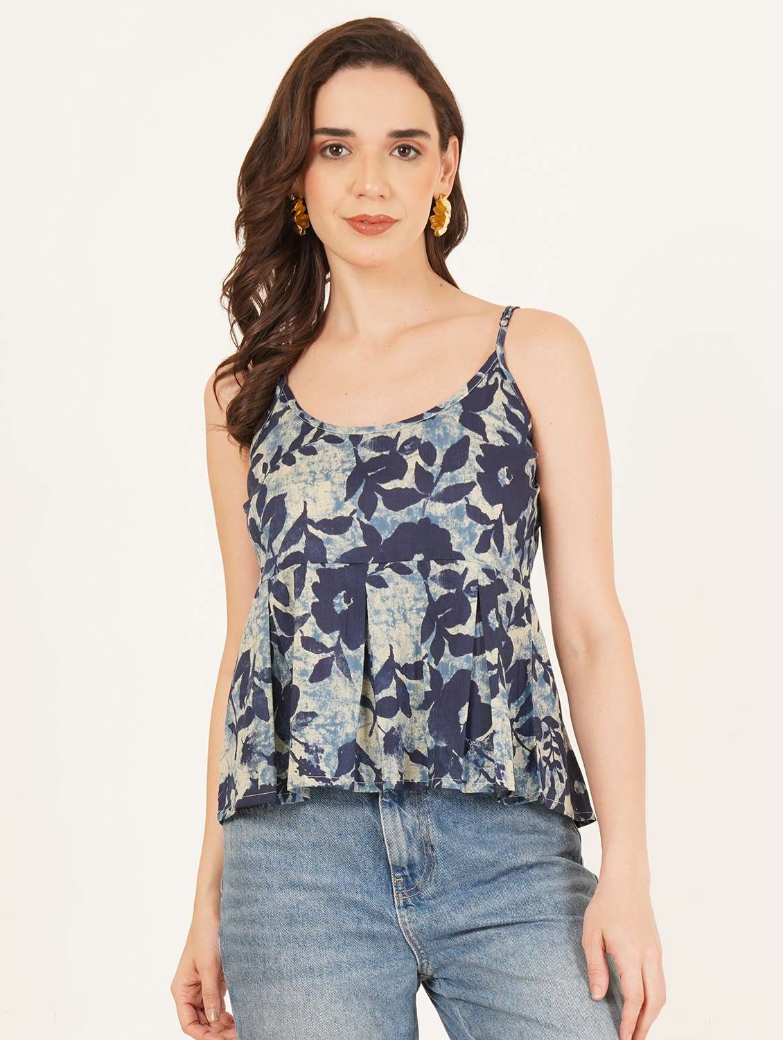 women printed shoulder strap a-line top