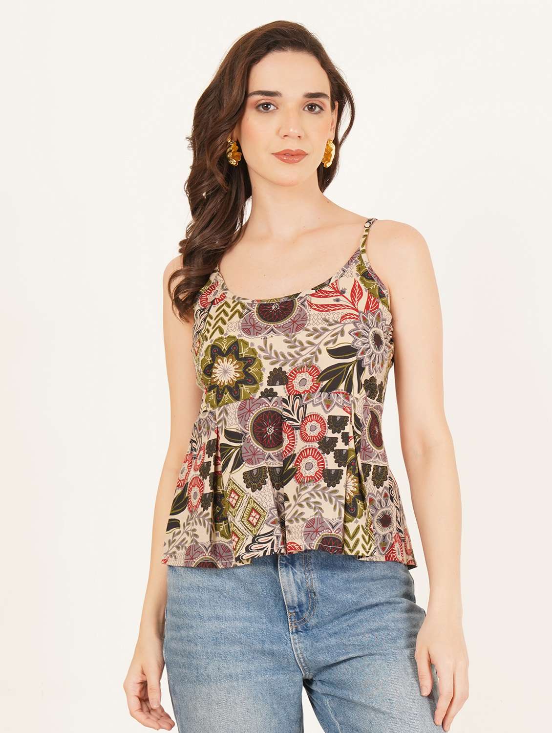 women printed shoulder strap a-line top