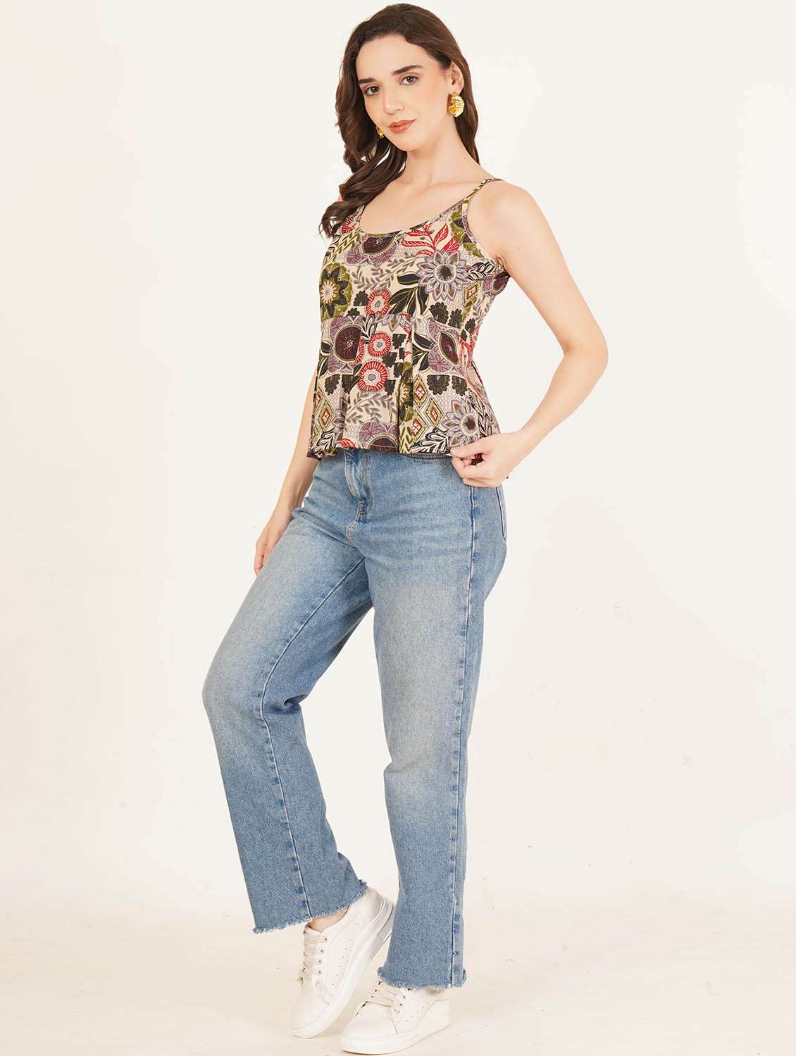 Women Printed Shoulder Strap A Line Top