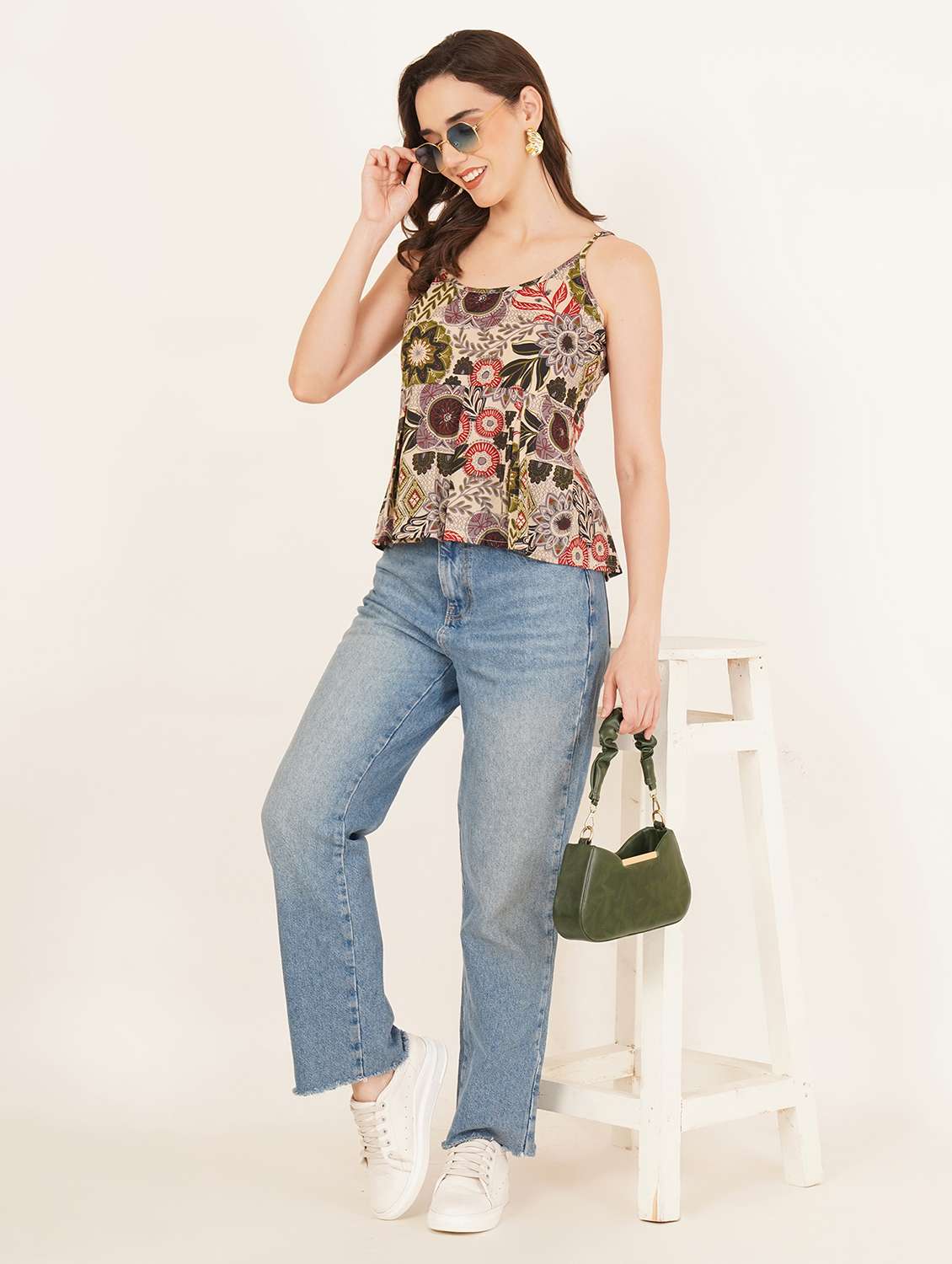 women printed shoulder strap a-line top - 22084233 - Standard Image - 4